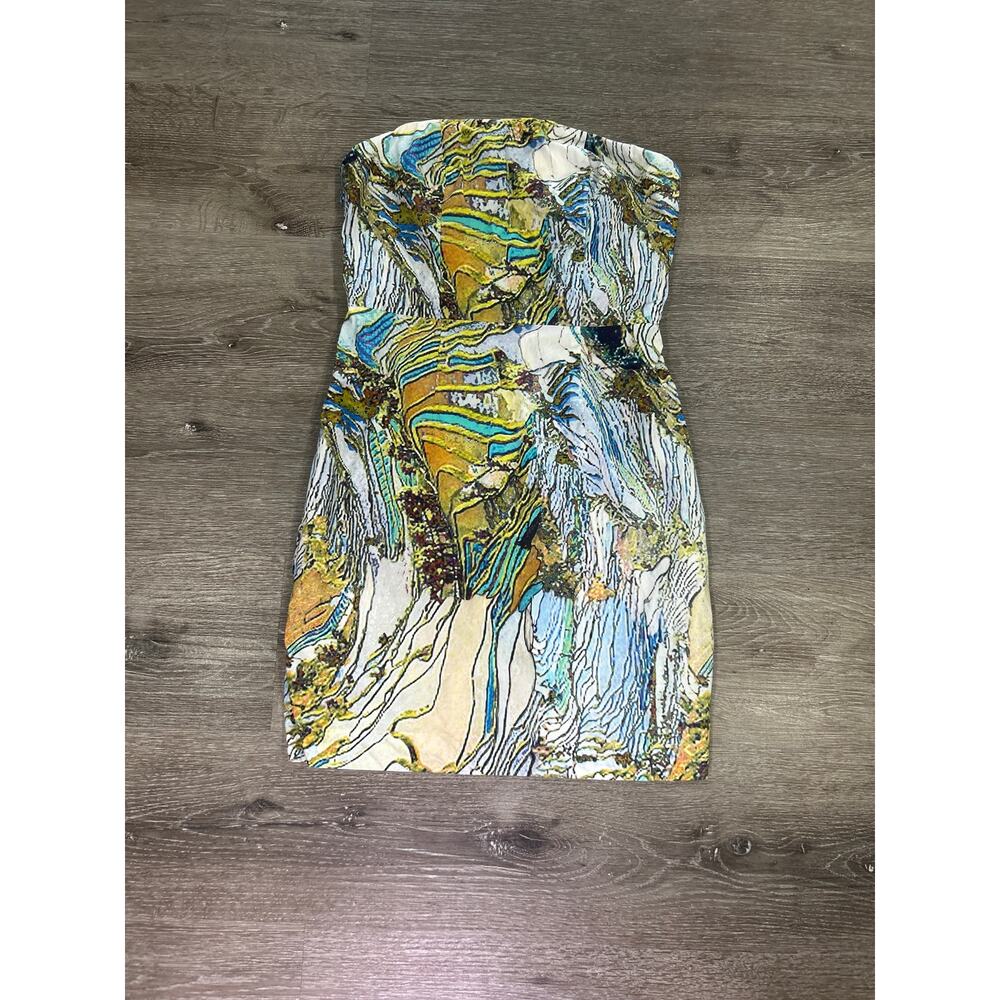 Hilton Hollis Abstract Strapless Mini Dress Size 4 Multicolor Spanish Fabric GUC